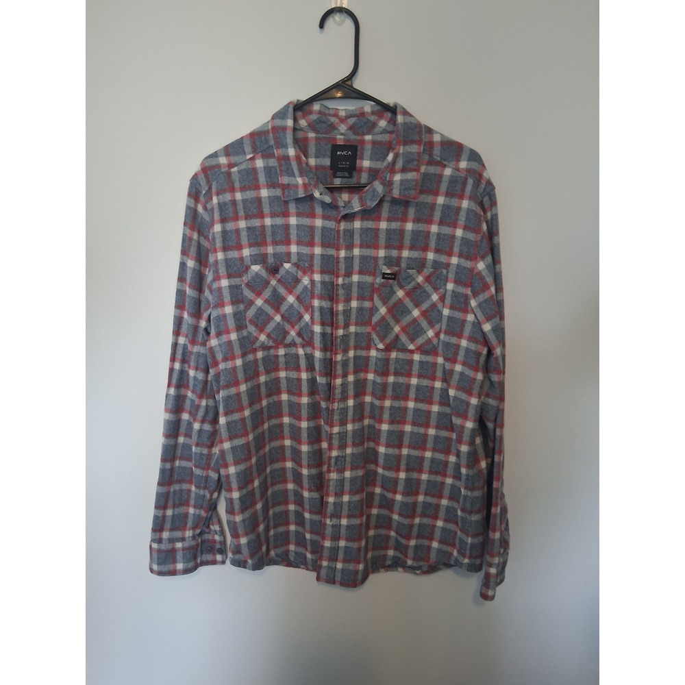 Skater RVCA Flannel‎ Button Down Shirt Mens Medium Blue Red Plaid Long Sleeve